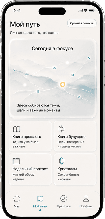 Экран приложения «Хранитель»: «Мой путь» - личная карта, сегодняшний фокус, книги, недельный портрет и кристаллы.